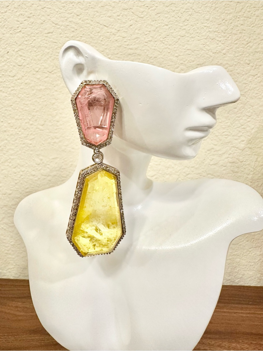 Statement Pink and Yellow Drop Earrings - (14k Gold-Plating over Brass)